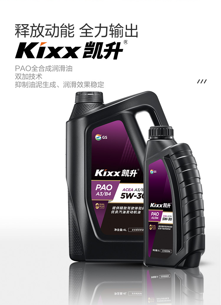 GS (Kixx) 凱升PAO全合成機(jī)油 5W-30 A3B4級(jí) 黑凱系列 4L-第2張圖片-鄭州市冠恒貿(mào)易有限公司【官方網(wǎng)站】-車(chē)用潤(rùn)滑油服務(wù)專(zhuān)家